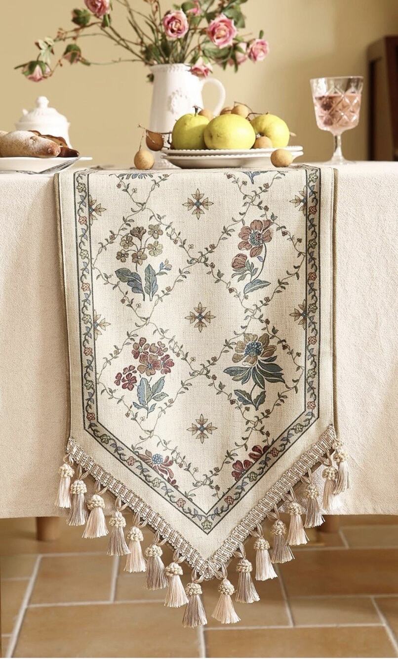 patdrea Designer Vintage Floral Linen Table Runner 87 Inch Long, Beige